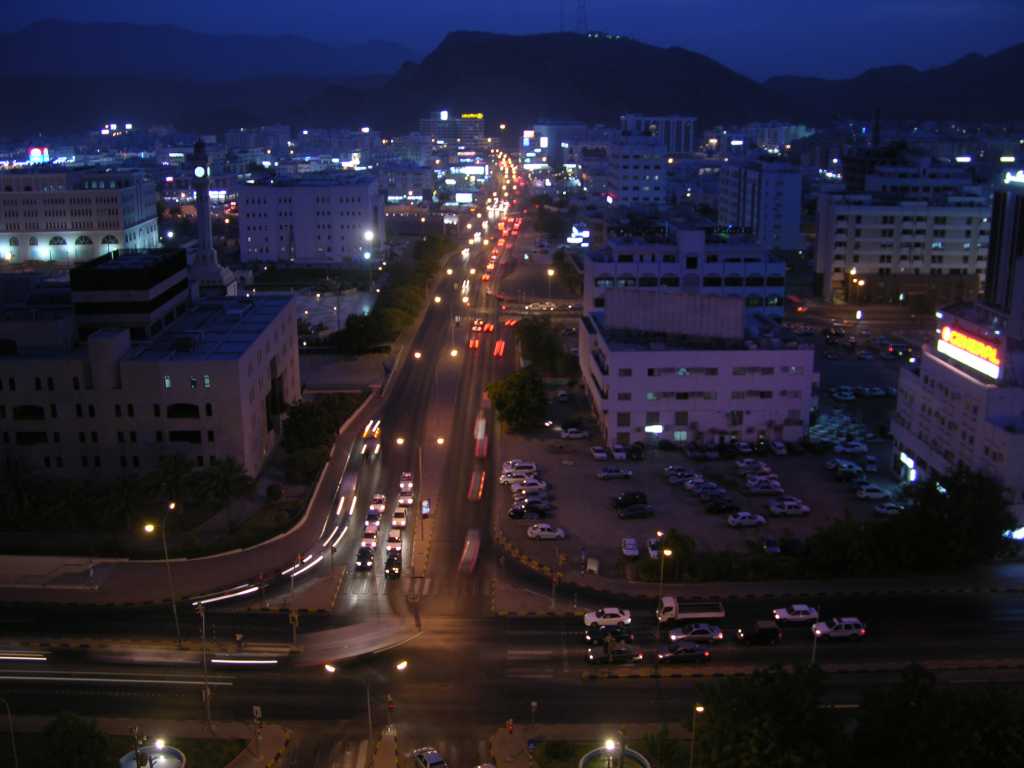 Muscat 01 08 Ruwi Nightime View From Sheraton Room Here is a nighttime view of Ruwi from our Sheraton room window.